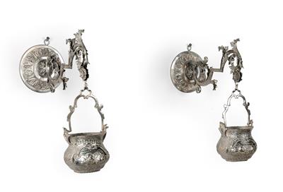 A Pair of Holy Water Vessels with Holder, - Silver and Russian Silver