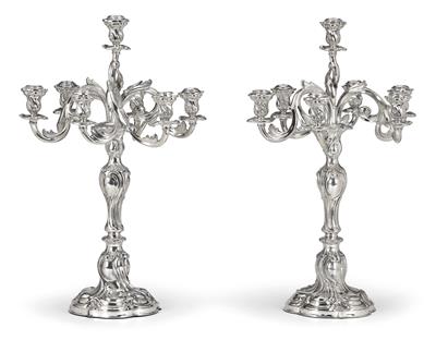 A Pair of Seven-Light Candelabra, - Silver and Russian Silver