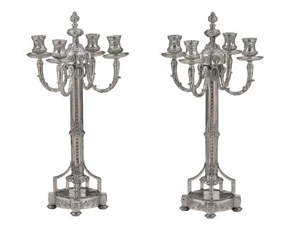 A Pair of Four-Light Candleholders, - Silver and Russian Silver