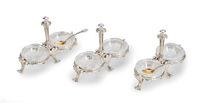 Three Double Condiment Bowls by Christofle, - Silver and Russian Silver