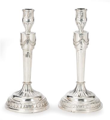 A Pair of Candleholders from Antwerp, - Silver and Russian Silver