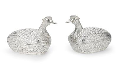 A Pair of Covered Trays in Duck Shape, - Silver and Russian Silver