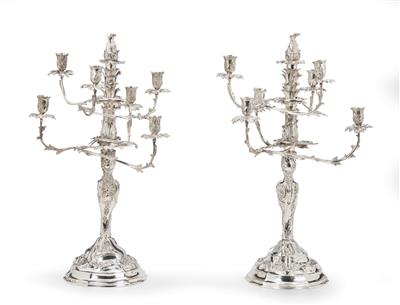 A Pair of Six-Light Candleholders from Copenhagen, - Silver and Russian Silver