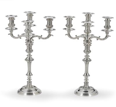 A Pair of Victorian Candleholders with Four-Light Girandole Inserts from London, - Silver and Russian Silver