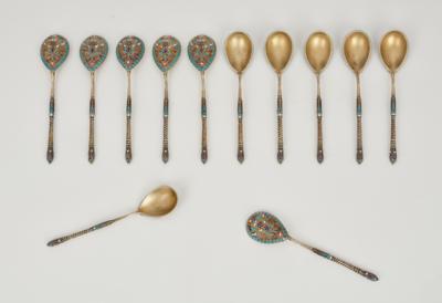 12 Cloisonné Spoons from Moscow, - Silver