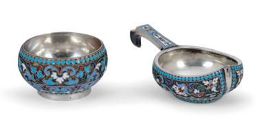 A Cloisonné Kovsh and a Small Salt Bowl, from Moscow, - Silver