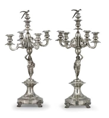 A Pair of Candelabra with Five-Arm Girandole Inserts from Vienna, - Silver