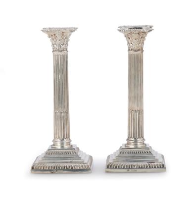 A Pair of Sheffield Candleholders, - Silver