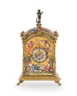 A Viennese Table Clock with Enamelling, - Silver