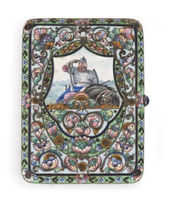 Moskauer Cloisonné Tabatiere mit "en plein" Auflage, - Silber