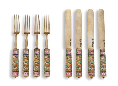 8 Enamelled Cutlery Pieces by Nikols & Plinke, - Stříbro