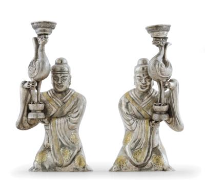 A Pair of Chinese Figures as Candle Holders, - Stříbro