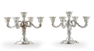 A Pair of German Five-Light Candleholders, - Silver