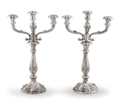 A Pair of Viennese Late Biedermeier Candleholders with Three-Light Girandole Inserts, - Stříbro