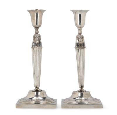 A Pair of Egyptian-Style Leipzig Candleholders, - Silver