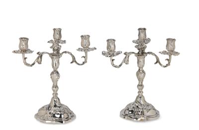 A Pair of Dresden Candleholders with Three-Light Girandole Inserts, - Silver