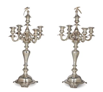 A Pair of Viennese Candelabra with Five-Arm Girandole Inserts, - Stříbro