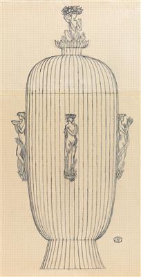 Josef Hoffmann, Zwei Entwurfszeichnungen für eine Deckelvase bzw. einen Weinkrug mit sechs Bechern, - Jugendstil und angewandte Kunst des 20. Jahrhunderts