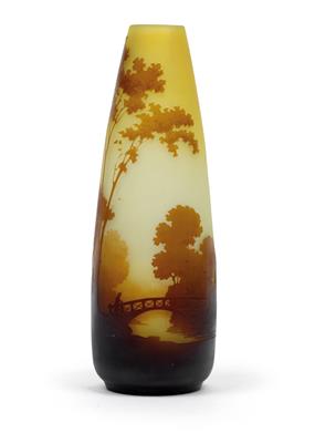 A vase decorated with a landscape and travellers on a bridge, - Jugendstil and 20th Century Arts and Crafts