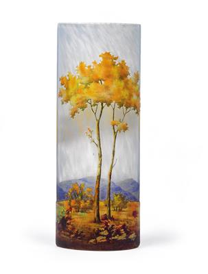 An etched and enameled glass vase by Daum with autumn landscape, - Secese a umění 20. století