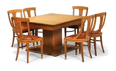 An extensible dinner table with six chairs, - Jugendstil e arte applicata del XX secolo