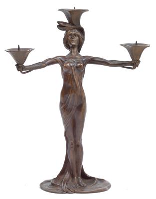 Peter Teresczcuk (Wybudow 1875-1963 Vienna), a figural three-light candelabrum, - Jugendstil e arte applicata del XX secolo