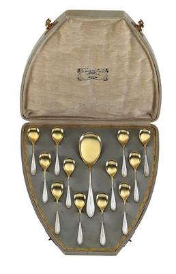 Hans Christiansen (Flensburg 1866-1945 Wiesbaden), A set of twelve cream spoons with serving part in original case, - Secese a umění 20. století
