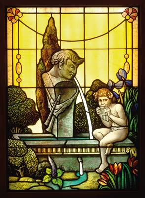 Francis Xavier Zettler (1841 Munich 1916), A glass window with a boy playing a pan flute in a landscape, - Jugendstil and 20th Century Arts and Crafts