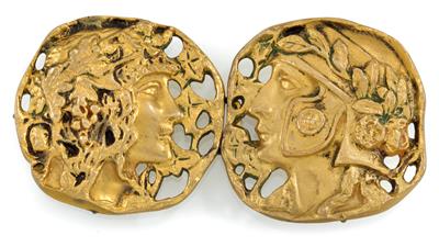 Edmond Lachenal and Serge de Solomko, belt buckle with classical female and male profile, France, c. 1900, - Secese a umění 20. století