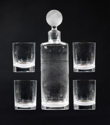 Adolf Loos, a bottle with stopper and four wine glasses from the drinking set no. 248, designed in 1931, manufactured by Zahn & Göpfert, Blumenbach, after 1931, executed by J. & L. Lobmeyr, Vienna, after 1931 - Jugendstil and 20th Century Arts and Crafts