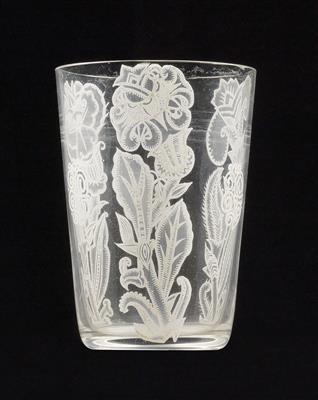 Leopold Forstner, a beaker with white floral decoration, Österreichische Edelglaswerke AG, Stockerau, c. 1925 - Jugendstil e arte applicata del XX secolo