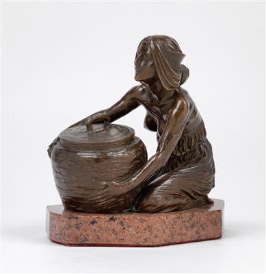 Gustav Gurschner, inkwell: girl kneeling with a basket, Vienna, 1900 - Jugendstil and 20th Century Arts and Crafts