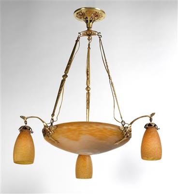 Jules Cayette (France 1882-1953), a large three-light bronze chandelier, France, c. 1910, with lampshades by Daum, Nancy, c. 1925 - Jugendstil and 20th Century Arts and Crafts