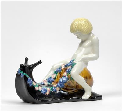 Michael Powolny, a figure riding a snail, model c. 1907, executed by Gmundner Keramik, after 1919 - Jugendstil e arte applicata del XX secolo