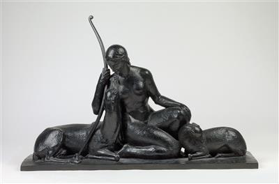 André Lavaysse (Frankreich 1906-1991), große Figurengruppe: "Jagdgöttin Diana mit zwei Hirschen", Frankreich, um 1925 - Jugendstil u. angewandte Kunst d. 20. Jahrhunderts