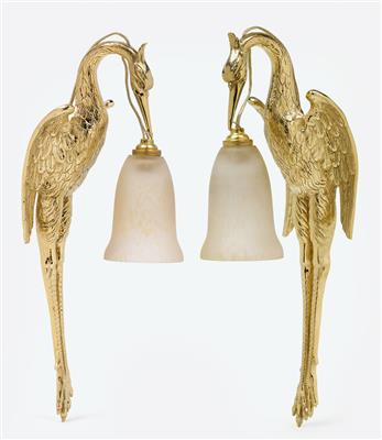 Paar Wandlampen in Form von Vögeln mit Lampenschirmen von Verrerie Schneider, Epinay-sur-Seine, 1924-33 - Jugendstil u. angewandte Kunst d. 20. Jahrhunderts