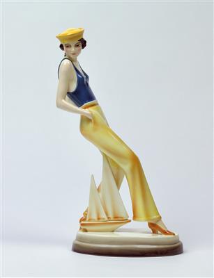 Stephan Dakon, “sailor dance” (Maria Solveg in a sailor costume) on an oval base, designed c. 1928, executed by Wiener Manufaktur Friedrich Goldscheider, by c. 1941 - Jugendstil and 20th Century Arts and Crafts