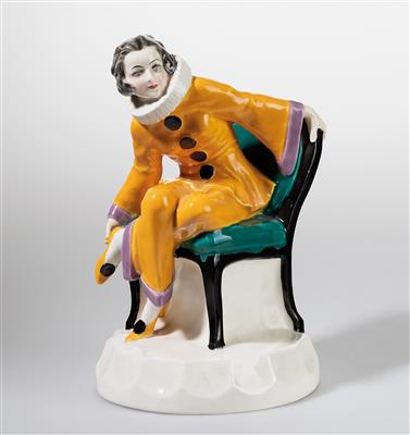 Josef Lorenzl, Pierrette sitting, model number: 447, executed by Keramos, Vienna, c. 1919–49 - Jugendstil and 20th Century Arts and Crafts