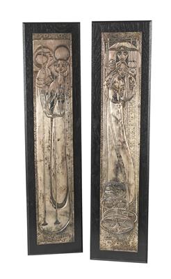 Margaret Macdonald (MacDonald), Paar Reliefs: "Der Tag" und "Die Nacht", 1899. Die Reliefs waren Bestandteil des Rauchschrankes von Charles Rennie Mackintosh - Jugendstil und angewandte Kunst des 20. Jahrhunderts