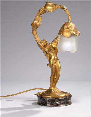 Charles Emile Jonchery (Frankreich 1873-1937), florale Tischlampe aus vergoldeter Bronze mit einer Frauenfigur, Paris, um 1900/1910 - Jugendstil u. angewandte Kunst d. 20. Jahrhunderts