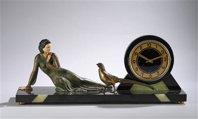 E. Menneville, an Art Deco mantel clock with a recumbent female figure with a rose and a pheasant, France, c. 1925 - Jugendstil and 20th Century Arts and Crafts