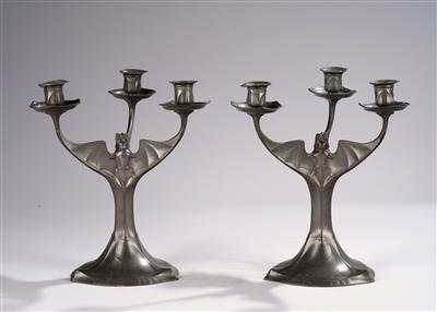 Attributed to Hugo Leven (Germany, 1874-1956), a pair of three-light candelabra (“Armleuchter”) with vegetal decoration and bats, model number: 4506, designed in 1901/02, executed by J. P. Kayser Sohn, Krefeld - Jugendstil e arte applicata del XX secolo