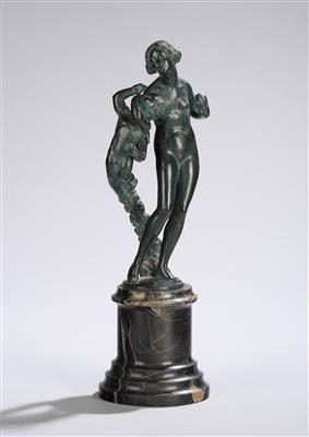 Karl (Carl) Fiala, a bronze group with a female nude and a flying putto with garland of flowers, Vienna, c. 1910 - Jugendstil e arte applicata del XX secolo