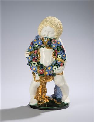 Michael Powolny, Putto mit Blumenkranz ("Winter"), Modell: um 1907, WK-Modellnummer: 83, Ausführung: Vereinigte Wiener und Gmundner Keramik, 1913-19 - Jugendstil u. angewandte Kunst d. 20. Jahrhunderts