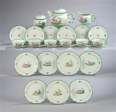 A tea service for six persons (22 pieces) with varied hunting motifs, form design by Ena Rottenberg, form number: 114, designed c. 1948; pattern design by Edwin Breideneichen - Jugendstil e arte applicata del XX secolo