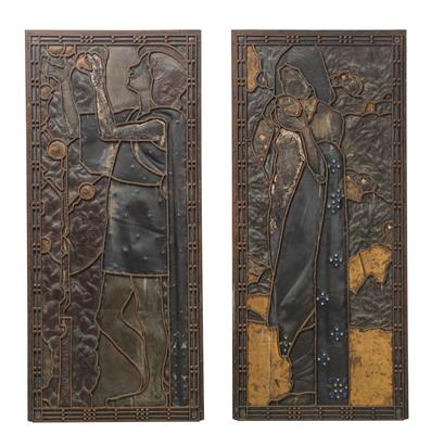 Two secessionist reliefs: depiction of a young couple: the man picking fruit, the woman holding it in her hands, Vienna, c. 1900 - Jugendstil e arte applicata del XX secolo