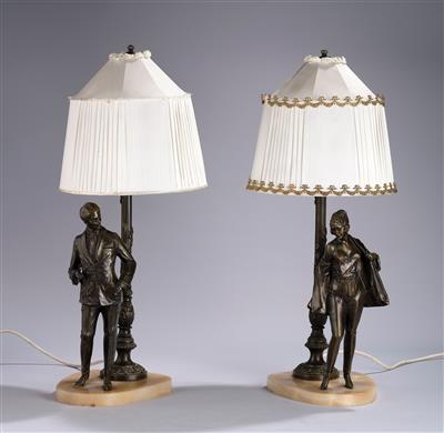 Two table lamps: an elegant couple: gentleman smoking and lady with coat (pyjama couple), after a design by Bruno Zach, c. 1925 - Secese a umění 20. století