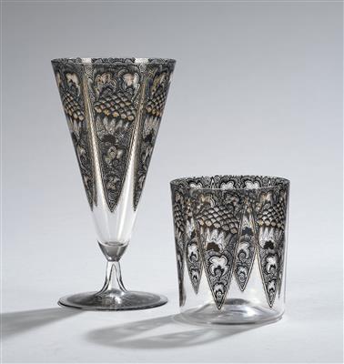 A beer glass and a beaker, mould design: Oskar Strnad, Vienna; pattern design: Karl Massanetz, Steinschönau; pattern execution: Workshop of Karl Massanetz, c. 1914/16 - Jugendstil e arte applicata del XX secolo