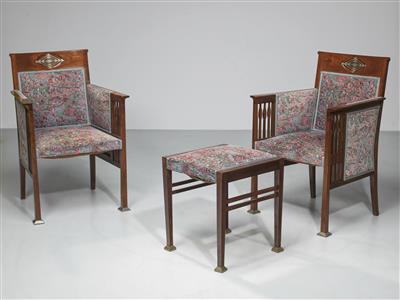 Hans Christiansen, two armchairs, probably executed by Ludwig Schäfer, Mainz, and a stool, in the manner of Hans Christiansen, 1908–10 - Jugendstil e arte applicata del XX secolo