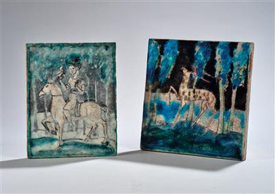 Max Laeuger, two majolica works with pictorial motifs of a stag and an equestrian, Großherzogliche Majolika-Manufaktur Karlsruhe Kunstkeramische Werkstätten GmbH, c. 1924 - Secese a umění 20. století